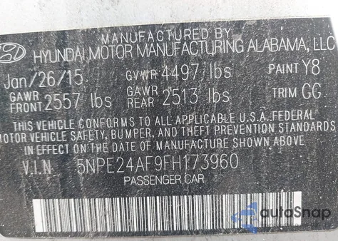 2015 Hyundai Sonata Se из США, поврежденный, VIN 5NPE24AF9FH173960